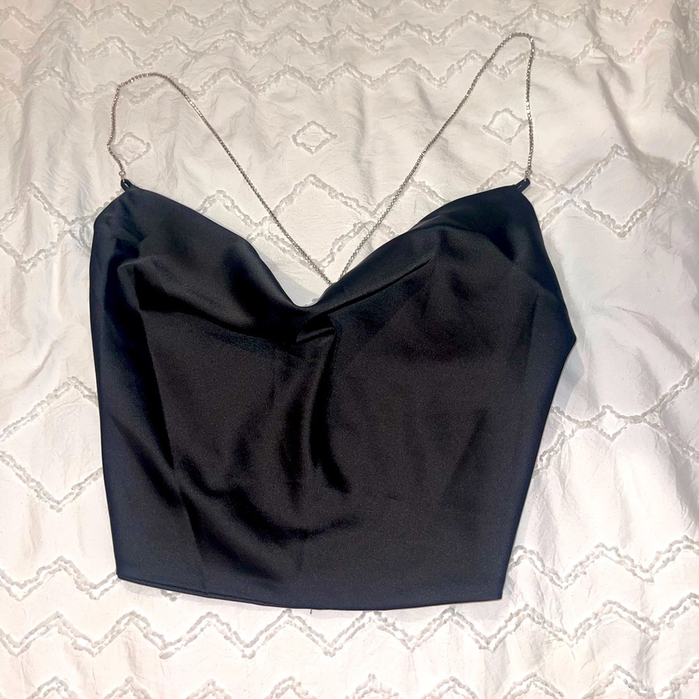 Cowl Neck Cropped Tank Top with Rhinestone Straps